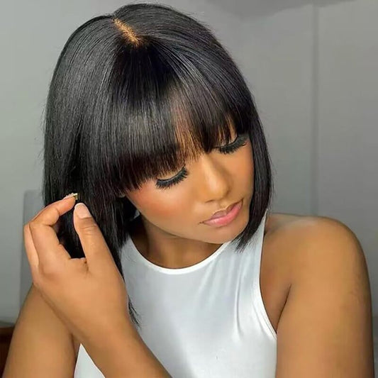 Bob Wig Human Hair with Bangs Glueless 2×1 Lace Closure 100% Human Hair Wigs with Bangs Short Bob Wig Human Hair Straight Wigs for Black Women Closure 180% Density Beginner Friendly（12Inch,Black）