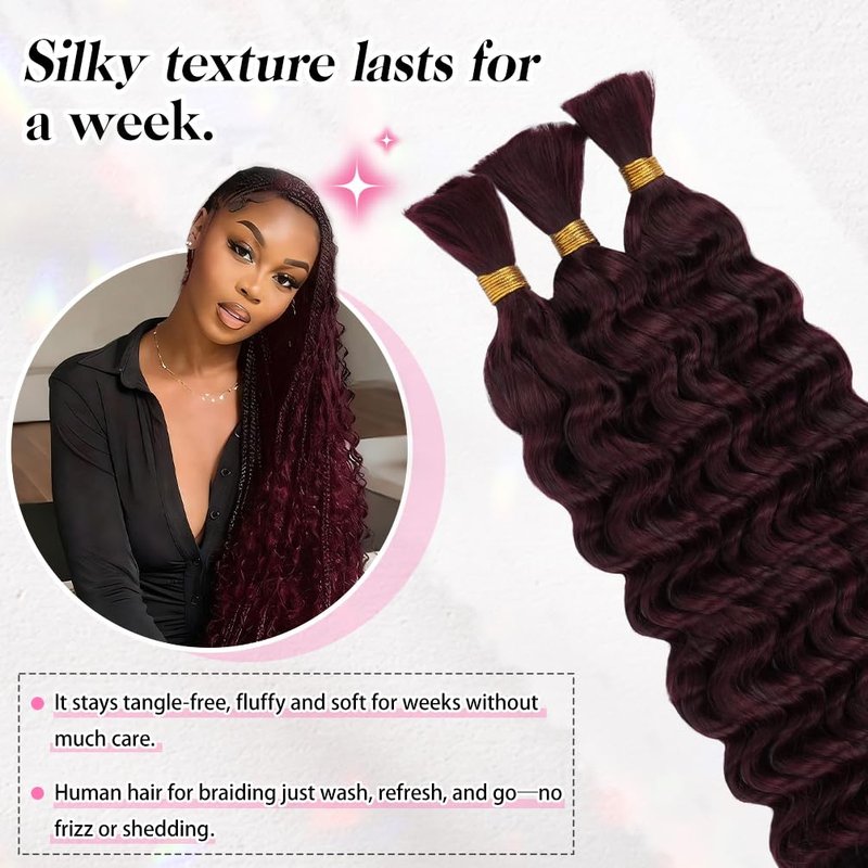 18 Inch Deep Wave Human Braiding Hair for Boho Braids – 50g 1 Bundles/Pack 99J Burgundy 100% Unprocessed 12A Brazilian Virgin Human Hair Bulk, No Weft, Wet & Wavy Curly Extensions