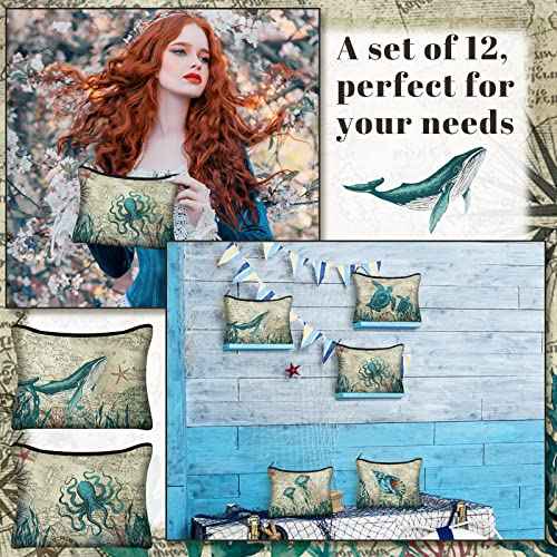 Sanwuta 12 Pcs Sea Tropical Cosmetic Bags Retro Animal Seahorse Travel Bags Beach Makeup Bags Zipper Small Pouch Vintage Turtle Whale Seashell Bag Under The Sea Purse Toiletry for Women Party Gift