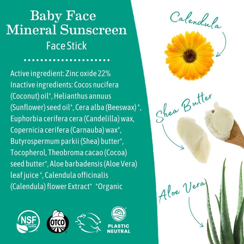 Earth Mama Baby Face Mineral Sunscreen Stick SPF 40 | Non-Nano Zinc, Water-Resistant Protection for Kids & Family - 0.74 oz