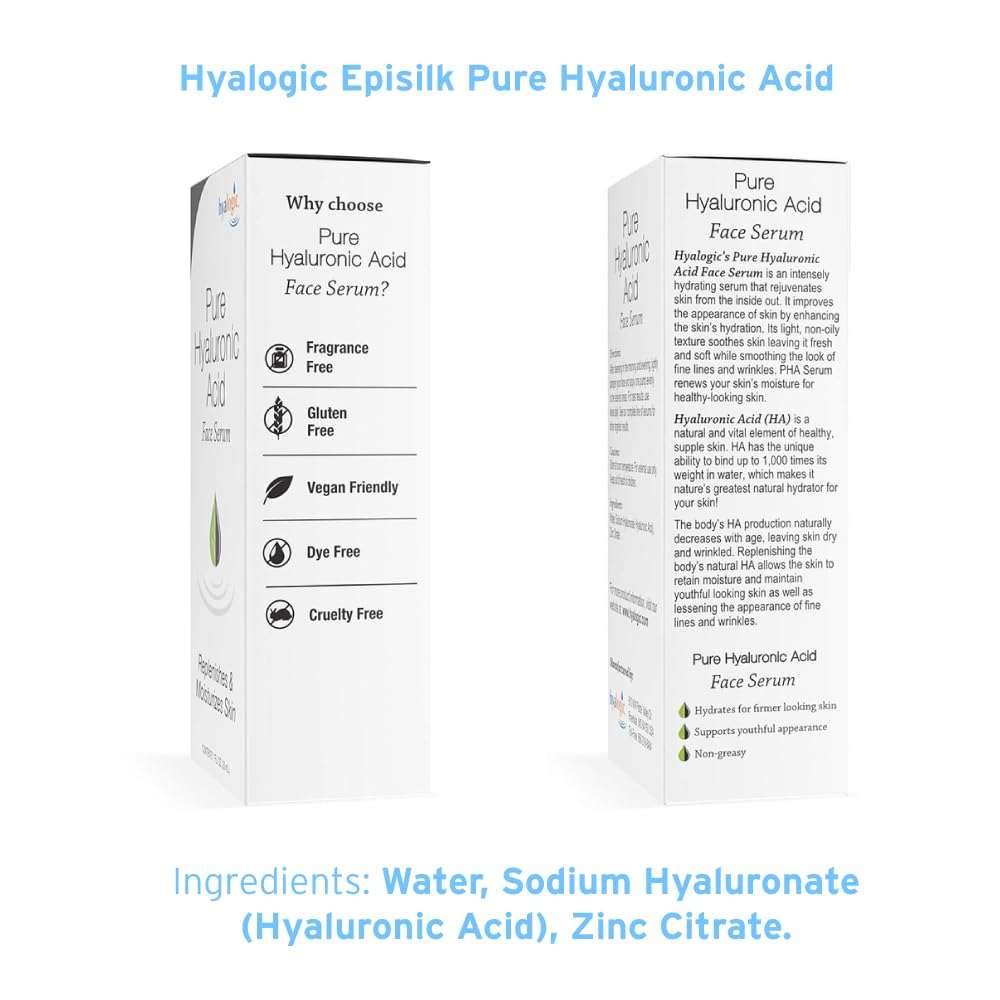Hyalogic Pure Hyaluronic Acid Serum for Face - Hydrating, Non-Greasy, Fragrance-Free, 0.47 Ounce