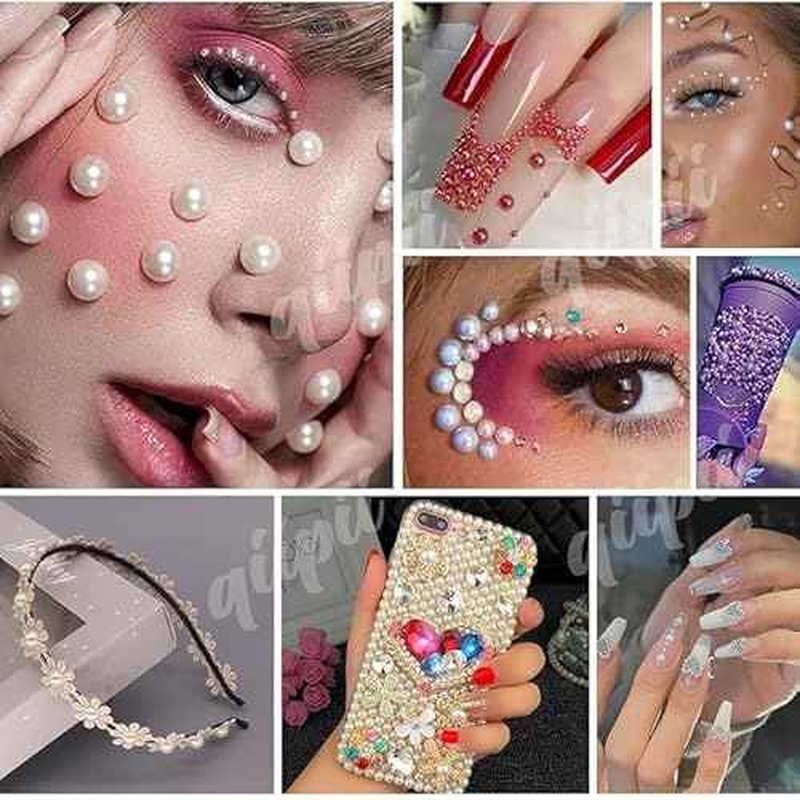 3mm-10mm Flatback Pink Pearls and Resin Rhinestones w B7000 Jewelry Glue for Bedazzling Crafting White AB Half Pearls Gems Stones Diamonds Charms for Face Eyes Makeup Tumblers Bottles Beauty