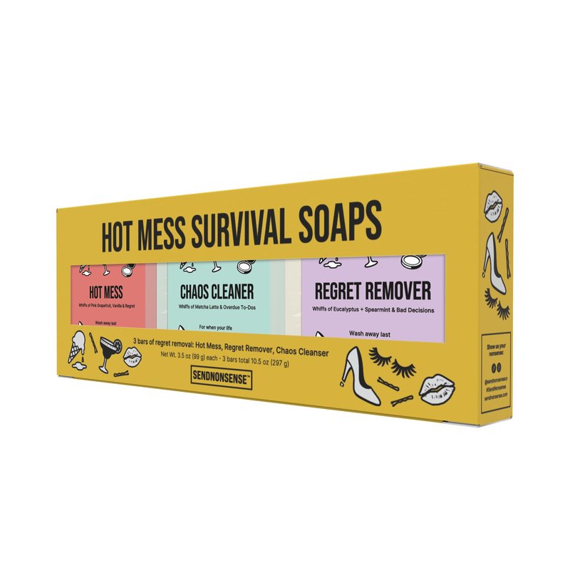 SendNonsense Hot Mess Survival Soap Gift Set (3-Pack) – Funny Gag Gift for Mom, Friends & Coworkers, Novelty Soaps, Regret Remover & Chaos Cleanser