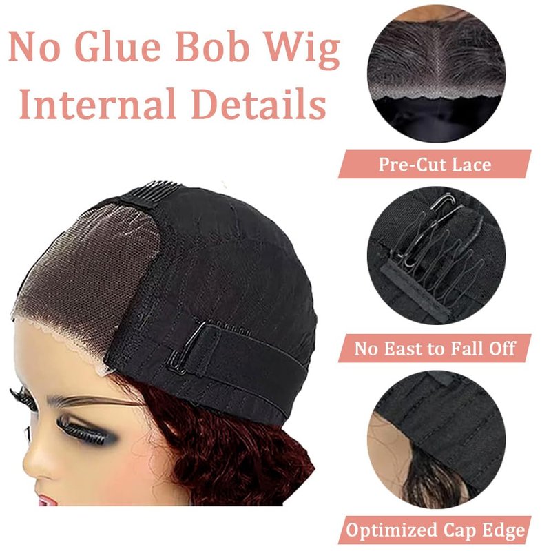 Pinketer Burgundy Glueless Wigs Human Hair Pre Plucked Pre Cut 4x4 Lace Closure Wear and Go Deep Wave Bob Wig 180% Density 99J Curly Human Hair Wigs for Black Women (Burgundy Wig, 10in)