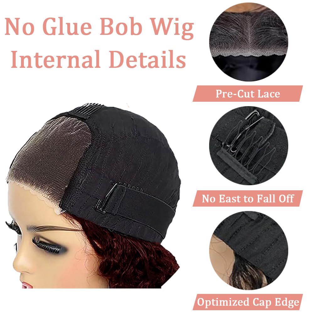 Pinketer Burgundy Glueless Wigs Human Hair Pre Plucked Pre Cut 4x4 Lace Closure Wear and Go Deep Wave Bob Wig 180% Density 99J Curly Human Hair Wigs for Black Women (Burgundy Wig, 10in)