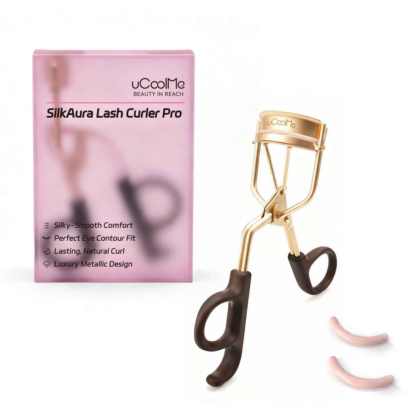 uCoolMe Eyelash Curler with 2 Refill Pads, No-Pinch Design & Comfort Grip for Natural Lash Lift, Cruelty-Free Lash Curler for All Eye Shapes, Easy to Use for Home and Travel (Gold)