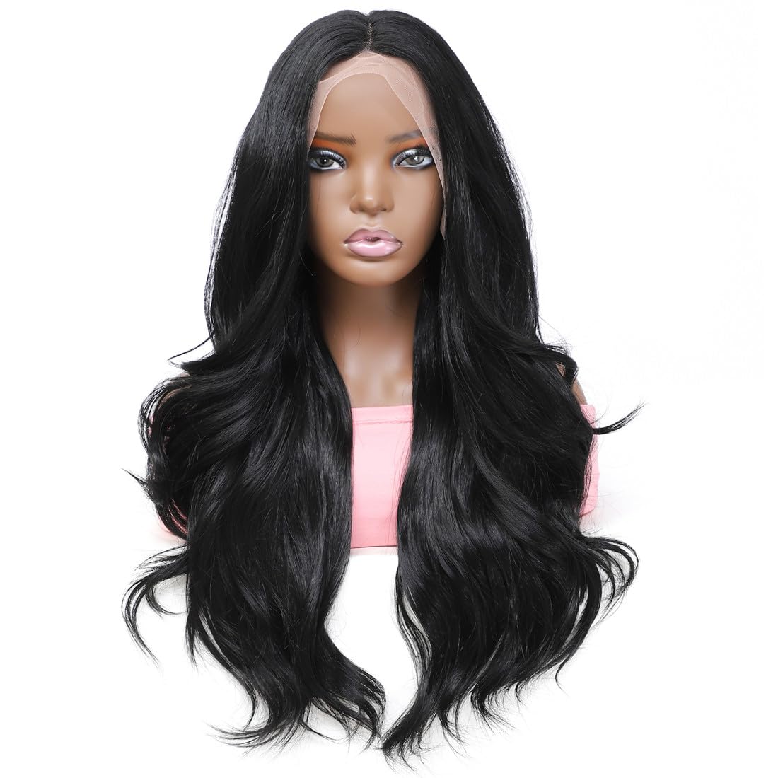 Lenaqueen HD LACE Front Wig Wavy 13X6 Glueless Synthetic Lace Front Wigs Synthetic Fiber Heat Resistant Synthetic Lace Wigs Pre-plucked Hairline Synthetic Wig for Black Women (Natural Black)