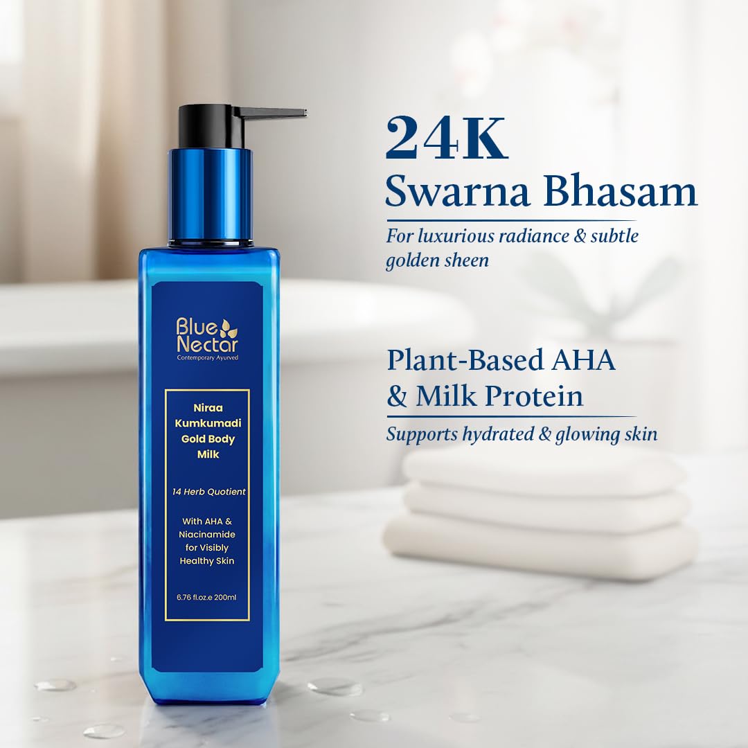 Blue Nectar Gold Body Milk for Women & Men | Body Lotion with Plant Based AHA & Niacinamide | Moisturizer for Body | All Skin Types (14 Herbs, 6.76 Fl Oz)