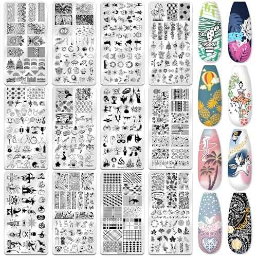 Biutee Nail Stamper Kit 22Pcs Gel Nail Stamping Kit 12Pcs Nail Stamping Plates 8Pcs Gel Stamping Polish, Silicone Stamper Scraper Flower Lace Holiday Stamp Template Christmas Gift for Women
