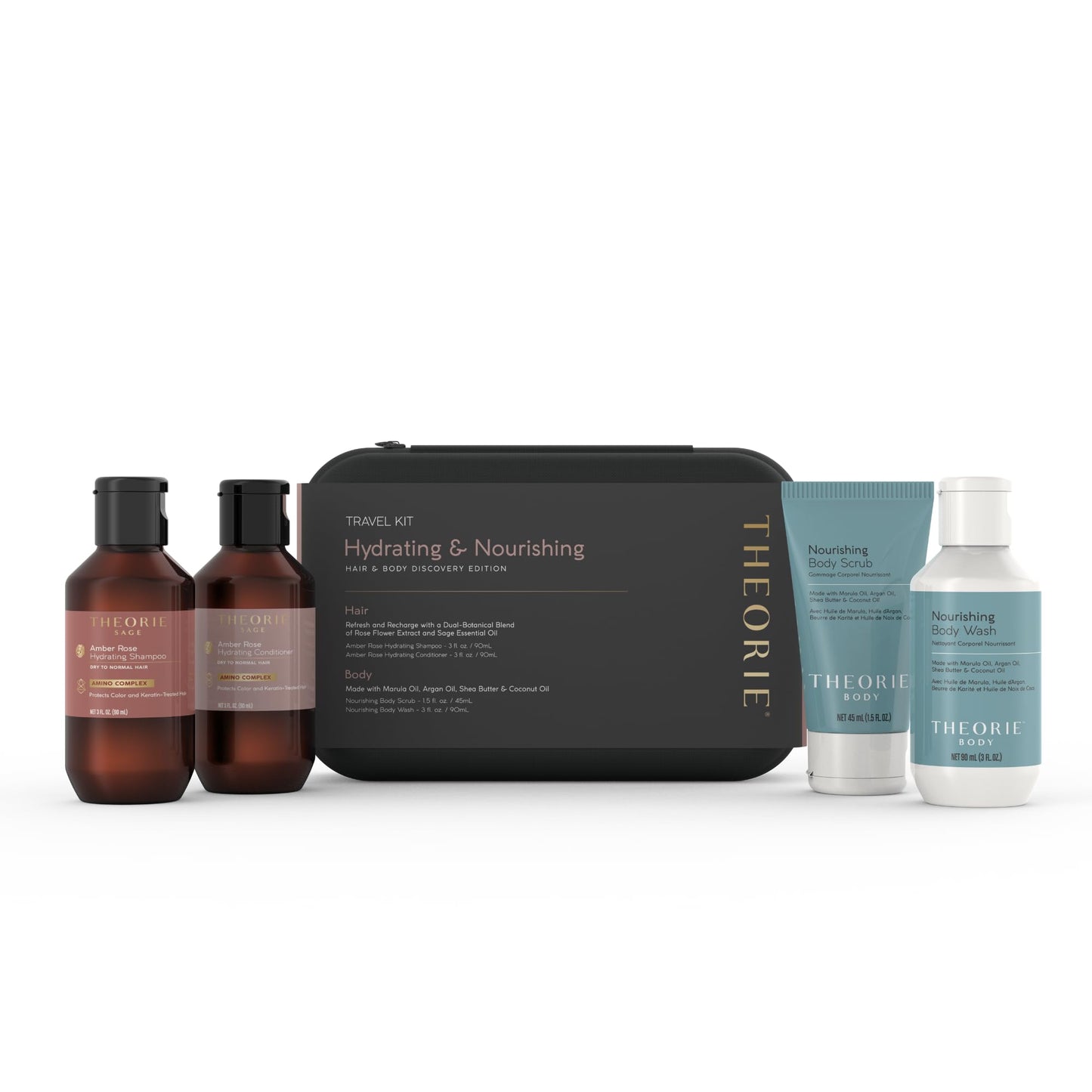 THEORIE Hydrating & Nourishing Travel Kit – Amber Rose & Nourishing Collection | Shampoo, Conditioner, Body Wash & Exfoliating Scrub | Clean Beauty for Hair & Skin