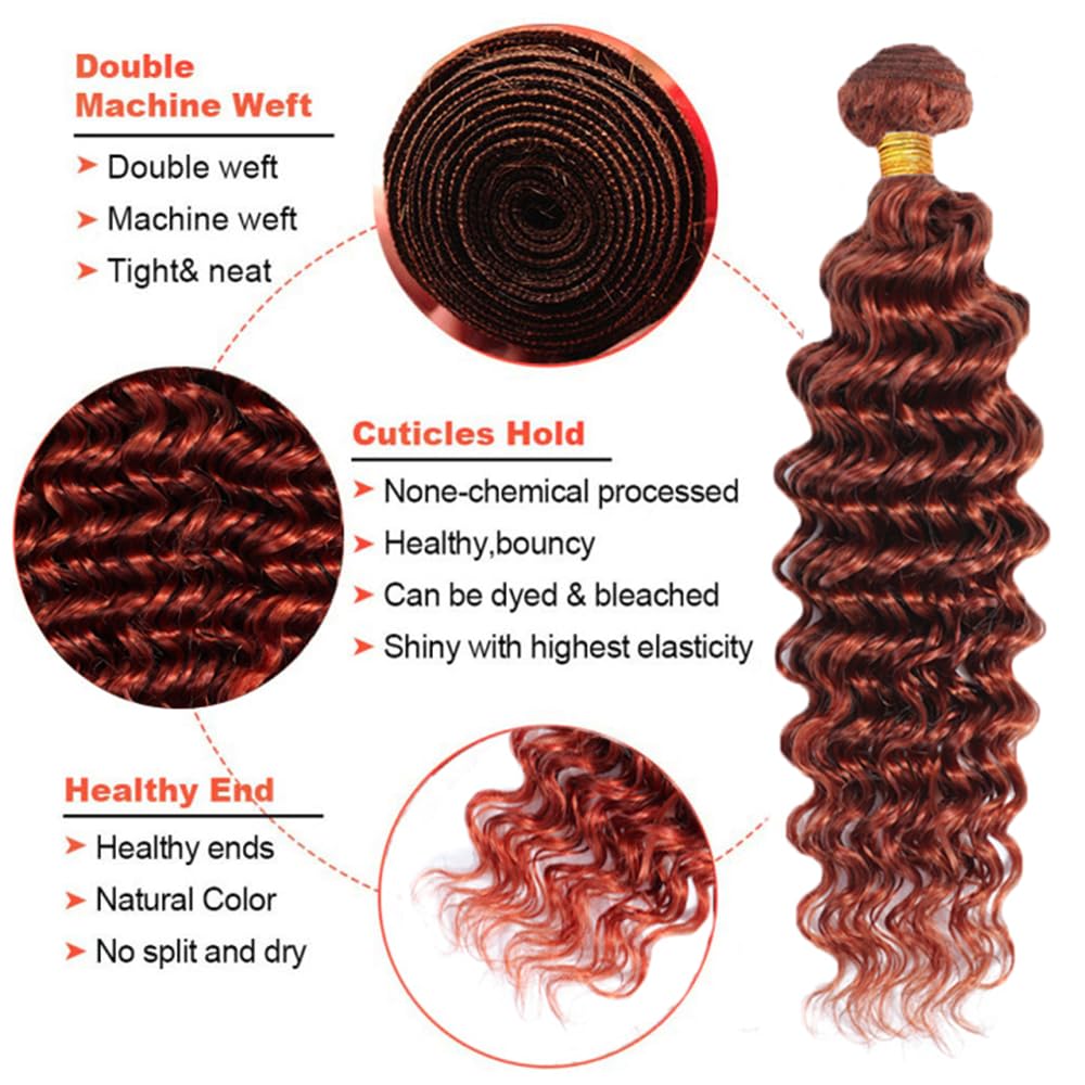 Auburn Deep Wave Bundles Human Hair Color 33 Bundles 16 18 20 Inch Huxowax Peruvian Virgin Remy Hair Extensions Double Weft Copper Red Deep Wave Bundle
