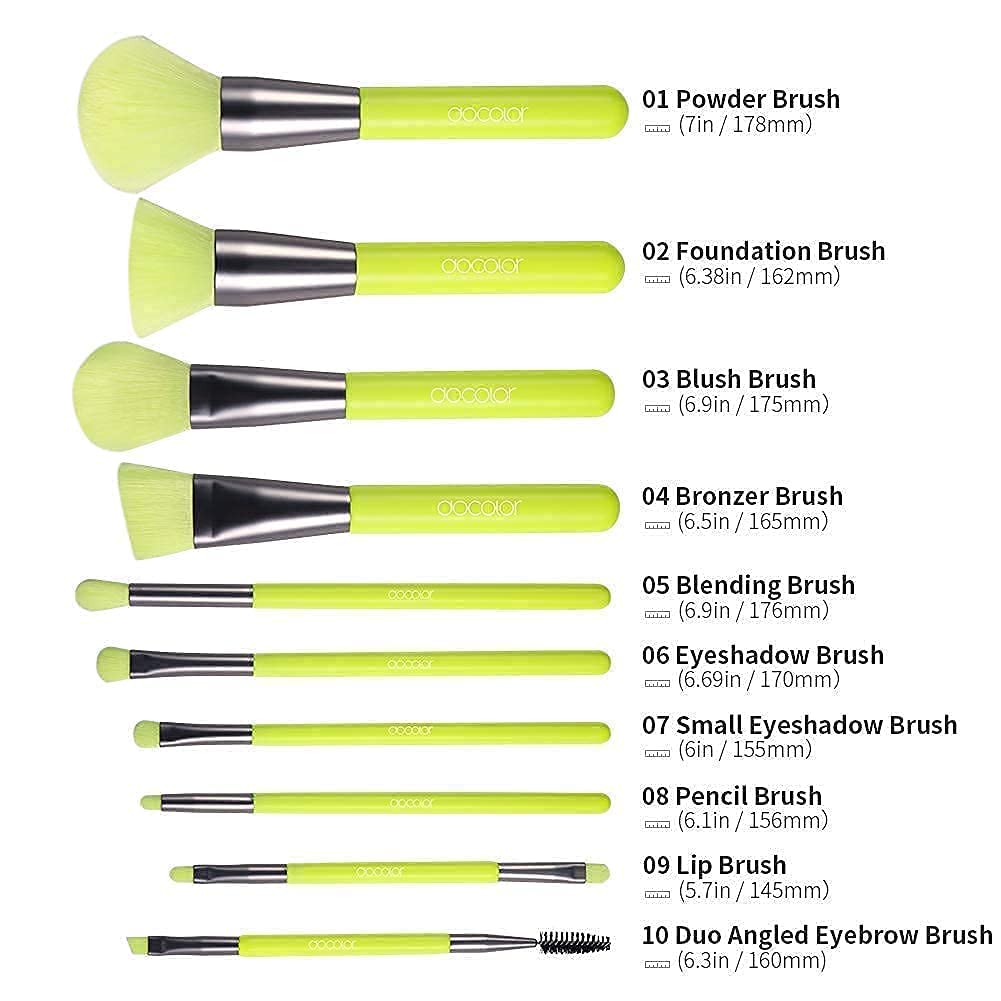 Docolor Neon Green 10Piece Makeup Brushes + 15Piece Eye Makeup Brushes Set Christmas Gift Premium Kabuki Foundation Blending Face Powder Synthetic Makeup Brushes Set