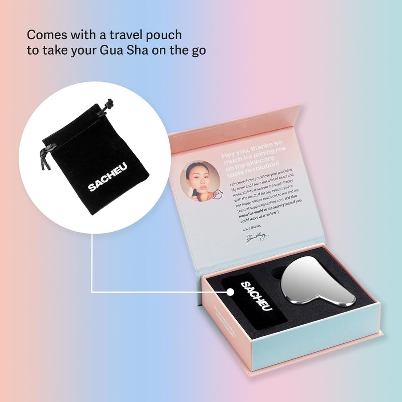 Sacheu Gua Sha Facial Tool - Metal Muscle Scraper for Lymphatic Drainage & Facial Tension Relief | Portable Travel Pouch Included