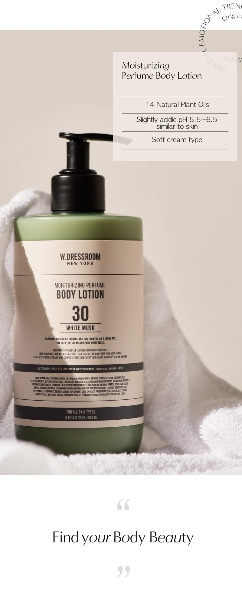 W.Dressroom No.97 April Cotton Perfume Body Lotion, Hydrating Body Lotion for Dry & Sensitive Skin – Fast-Absorbing, Non-Greasy, Clean Cotton Scent, 16.9 fl oz Pump