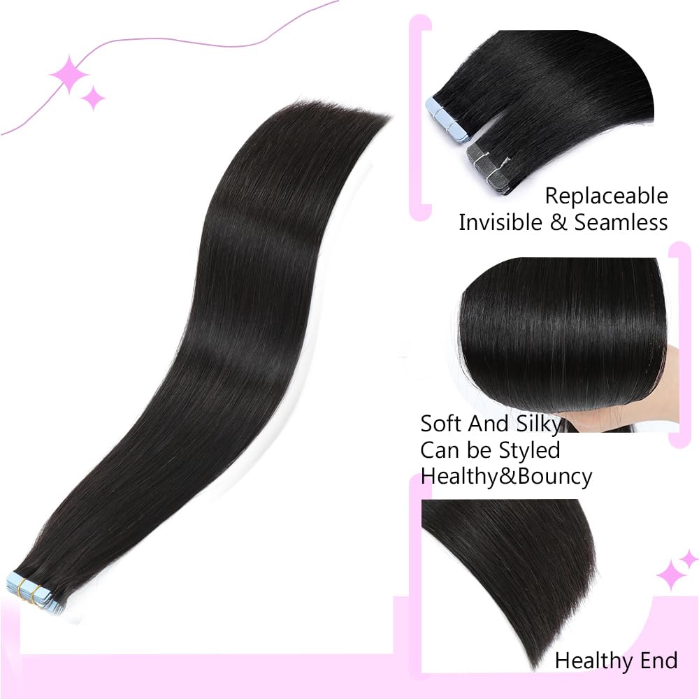 Human Hair Tape In Hair Extensions Natural Black Color Seamless Invisible PU Skin Weft Tape in 100% Real Human Hair Silky Straight Hair Extensions Soft Thick End (20 Inch, #1B Natural Black)