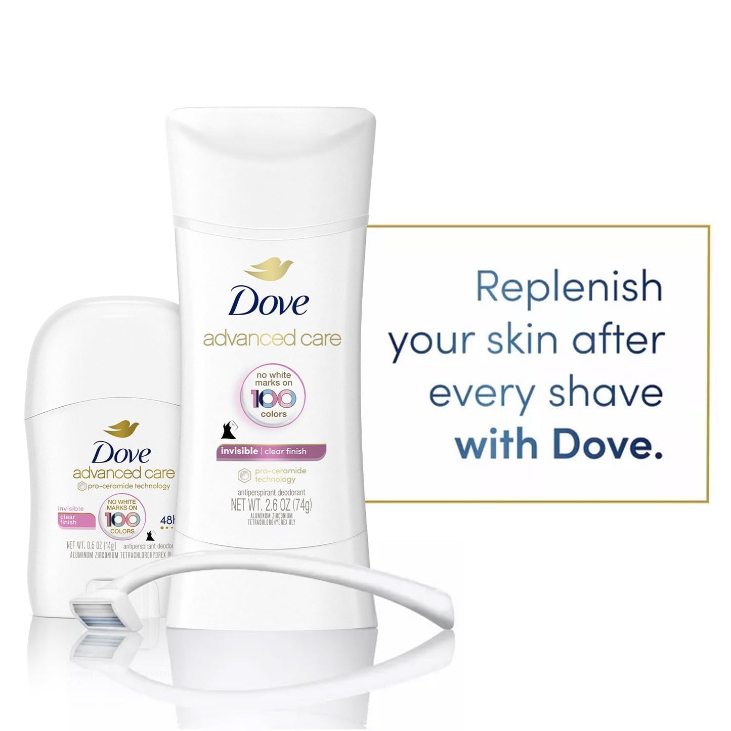Dove Antiperspirant Deodorant for Women, Clear Finish, 2-Pack + Travel-Size – No White Marks, Pro-Ceramide Technology, Vegan & Cruelty-Free