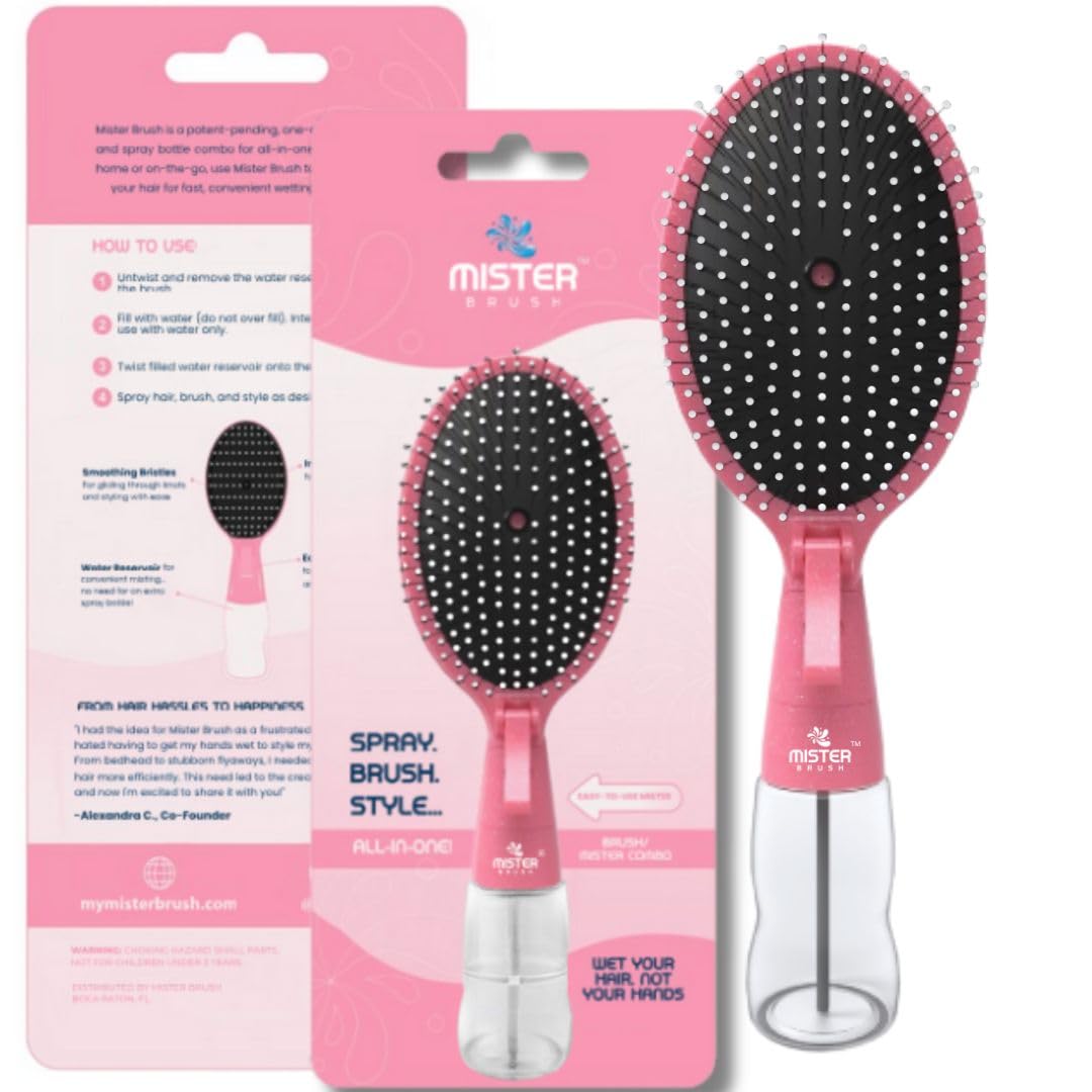 Mister Brush 2-in-1 Hairbrush Mister – Innovative Hair Mist & Brushing Tool for Wet & Dry Hair Styling – No-Tangle Bristles, Convenient Water Reservoir, Easy-to-Use (Pink)