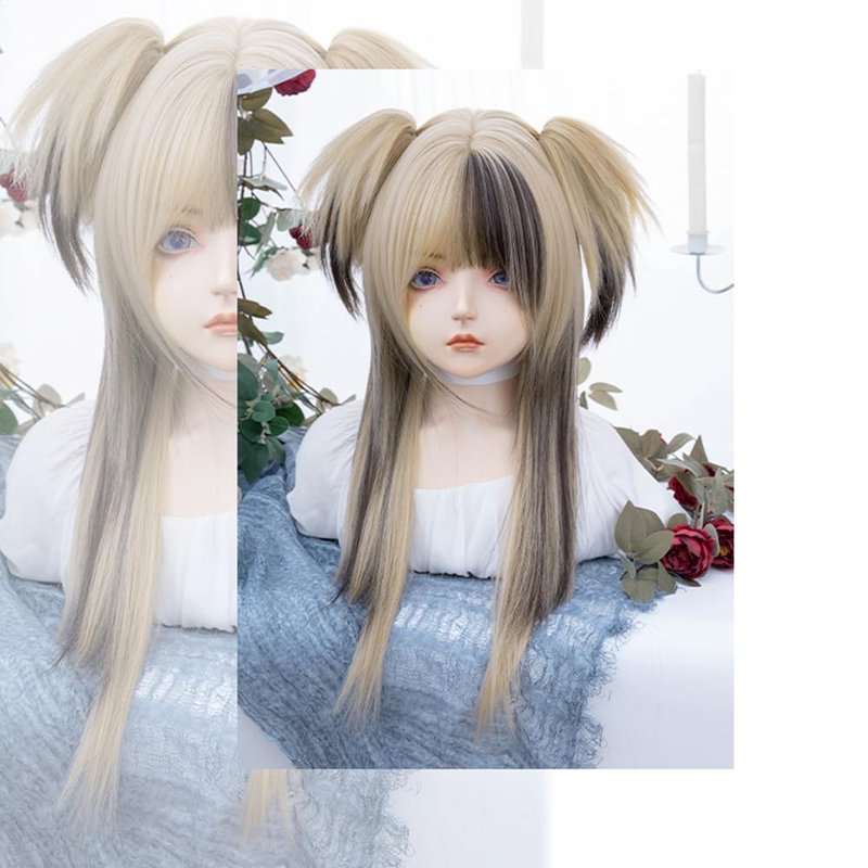 VVRPWASSLY Women Linen Highlights Coffee Wig Clip on Pigtails Long Straight Hair with Bangs Synthetic Wig for Daily Party