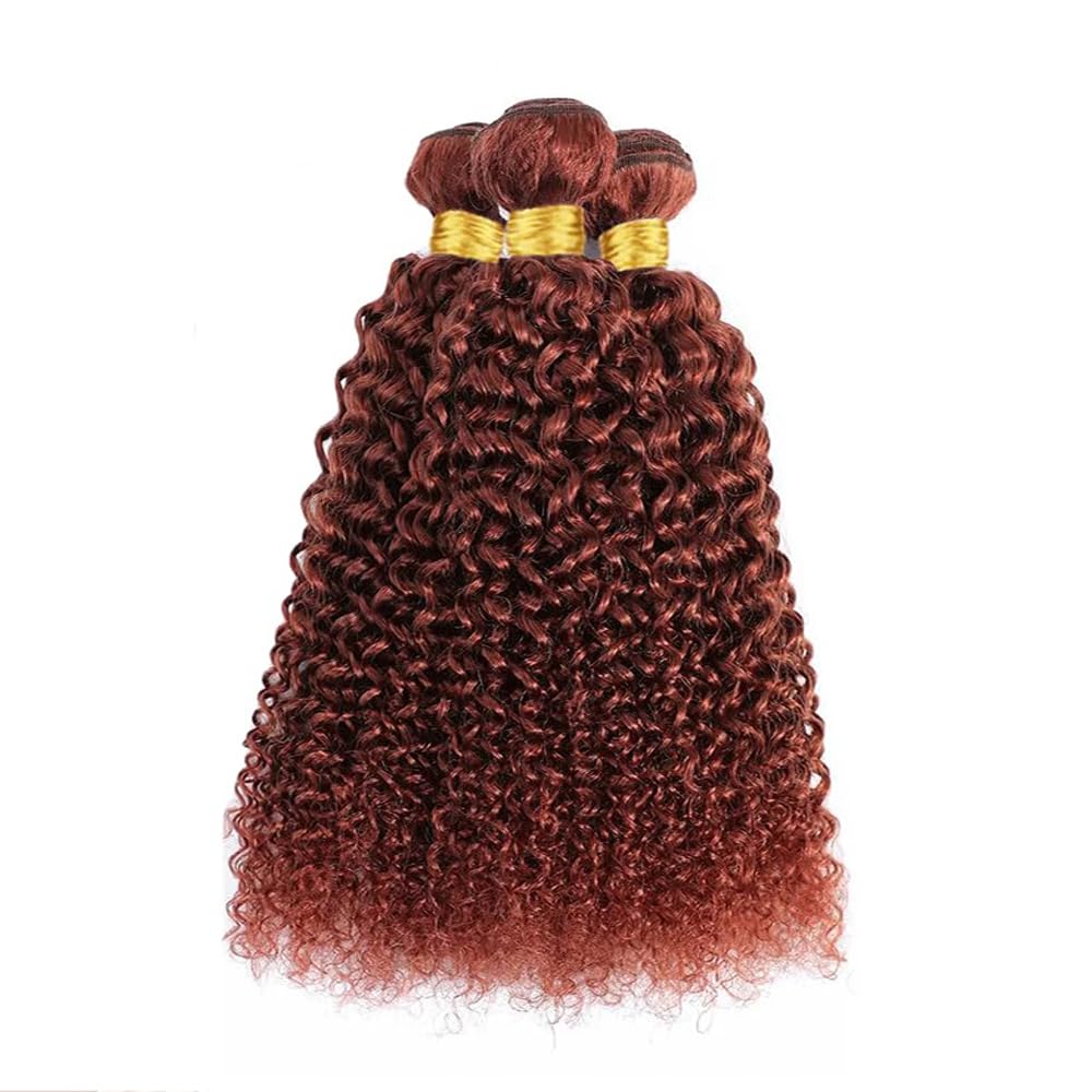 ZCMYVINND Color #33 Reddish Brown Jerry Curly Human Hair Bundles 3 Bundles 10 12 14 Inch Double Weft Unprocessed Brazilian Virgin Remy Copper Red Curly Wave Bundle Hair Extensions Auburn Bundle 300g
