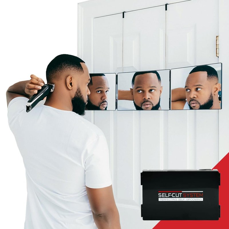 Self-Cut System 3-Way Mirror for Self Hair Cutting - Portable Trifold Mirror with Retractable Hooks, Impact-Resistant Glass, Fold Flat Design, Fits Standard Doors, Men & Women, 12.5" L x 1" W - Black