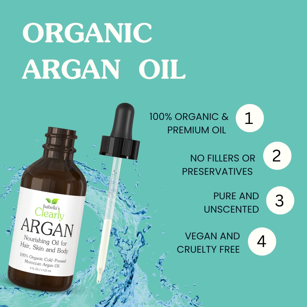 Clearly ARGAN Oil for Hair - 100% Pure Organic Cold Pressed Moroccan Oil | Virgin & Unrefined in Glass Bottle - 4 oz