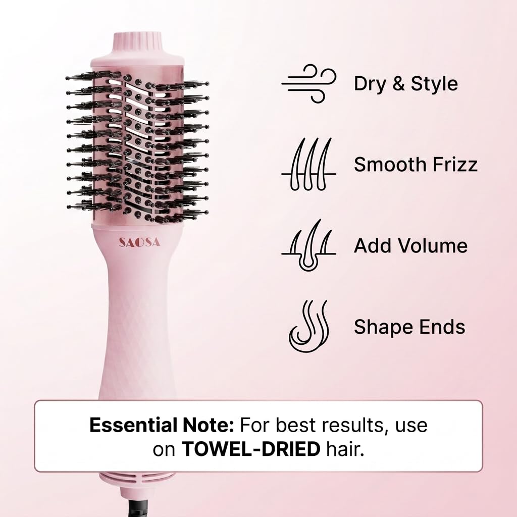 SAOSA Hair Dryer Brush Blow Dryer Brush in One, 4-in-1 Professional Titanium Ionic Hot Air Brush & Volumizer with ALCI Safety Plug for Medium to Long Hair (Pink)