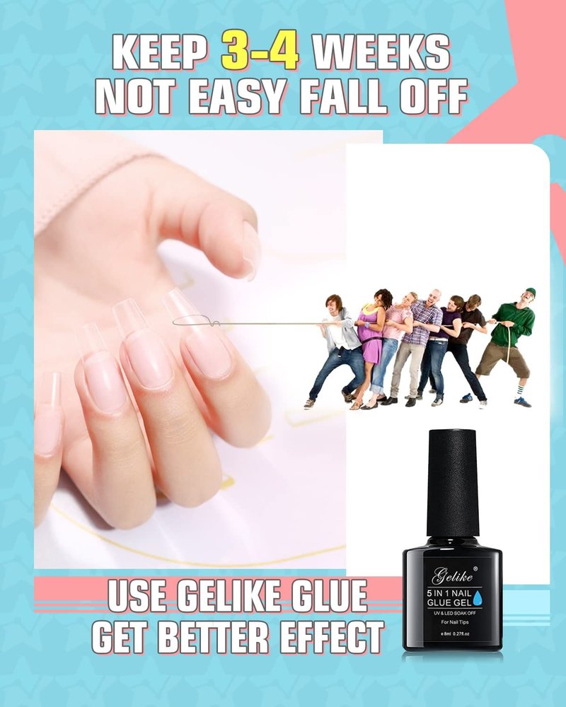Soft Gel Full Cover Almond Nail Tips Kit - 6-in-1 Nail Glue Gel Included