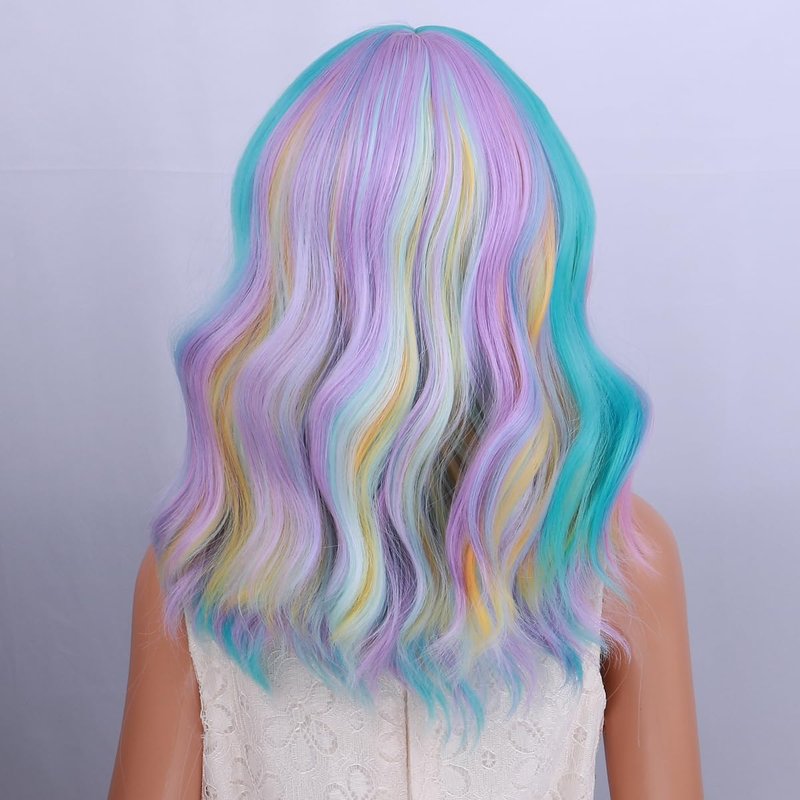 PATTNIUM Multicolor Wig for Kids Rainbow Child Wig with Bangs Wavy Colorful Wigs for Girls Shoulder Length Heat Resistant Synthetic Wigs