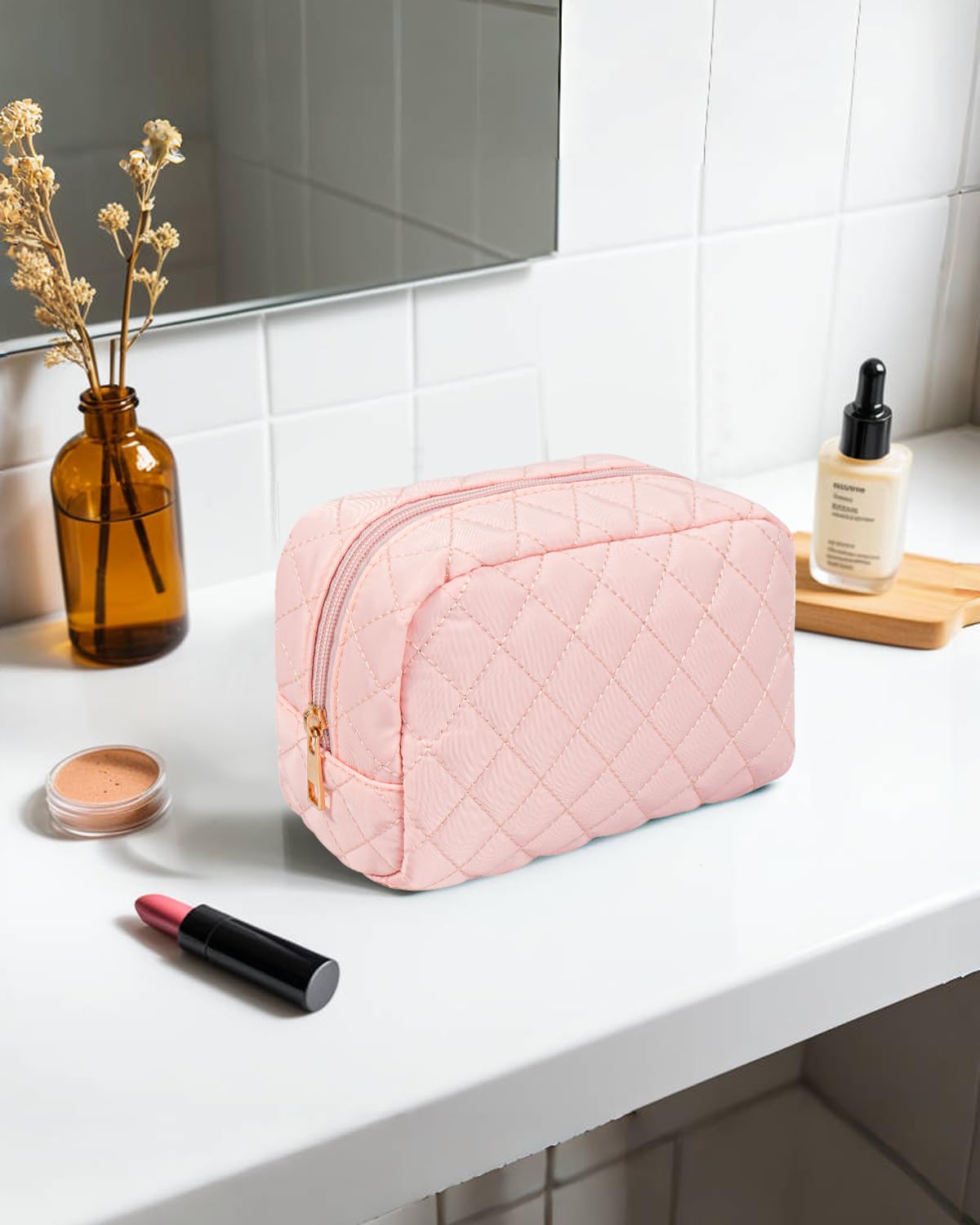 LETGO Travel Makeup Bag for Women Girl,Quilted Makeup Bag Cosmetic Bag,Cute Puffer Make Up Organizer Bags,Pink Car Accessories for Girls(Pink)