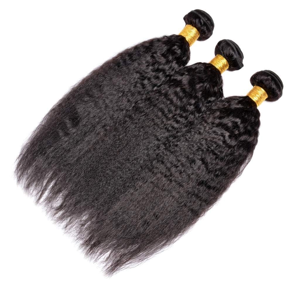 OLFORY Hair Bundles 12A Yaki Kinky Straight Human Hair 3 Bundles 100% Unprocessed Mongolian Virgin Human Hair Kinky Straight Bundles Yaki Hair Natural Color (12 14 16)