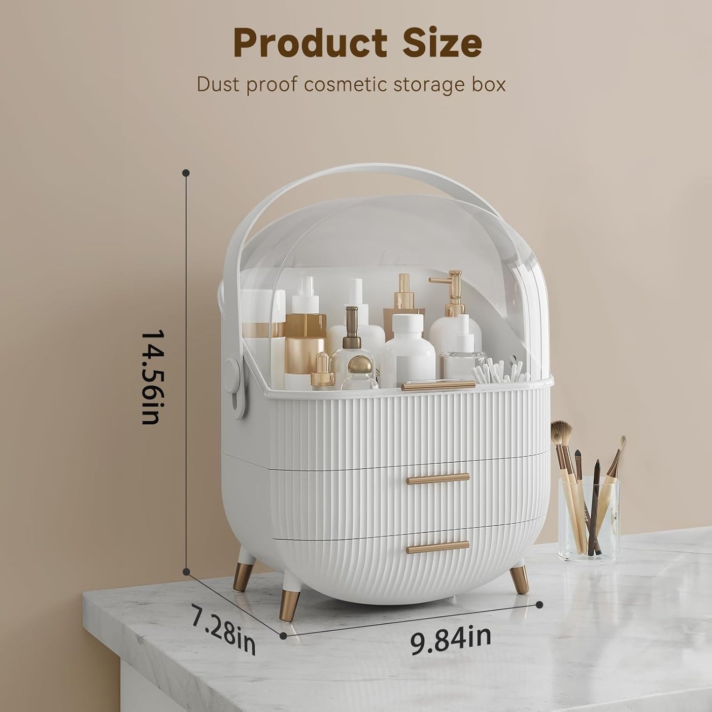 Makeup Organizer for Vanity - Countertop Cosmetic Storage with Drawers & Clear Cover | White