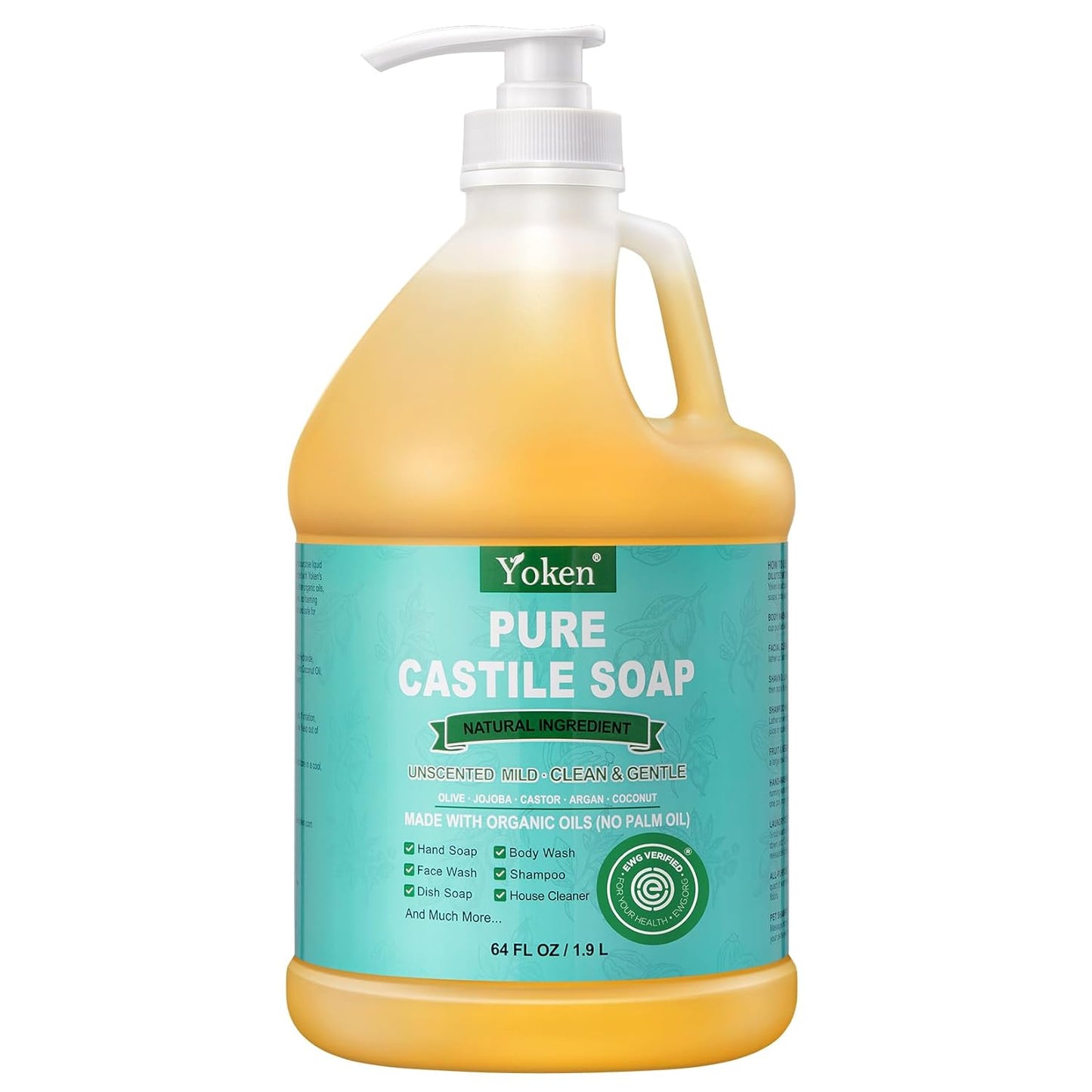 Yoken Organic Castile Soap Liquid - EWG Verified Unscented 64 oz | Gentle, Natural Clean for Body, Face, Dishes & Laundry