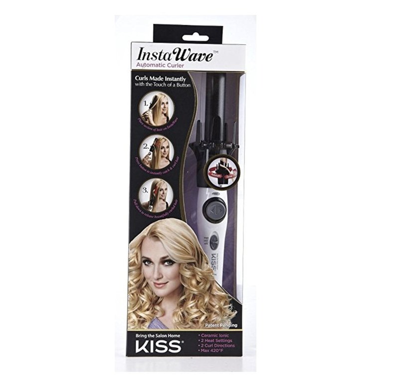 Kiss Instawave Deluxe Automatic Rotating Curling Iron, Self-Spinning, Ceramic Ionic Technology, Tangle Prevention, 2-Way Rotation, Dual Heat Settings up to 420°F, 1” Curling Wand, Black & White