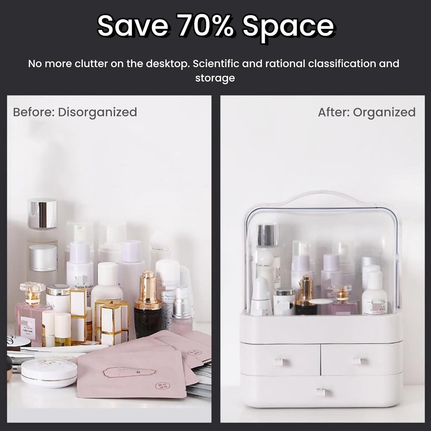 Makeup Organizer and Storage for Vanity with Lid and Drawers, Waterproof and Dustproof Portable Skincare Cosmetics Boxes, Makeup Caddy Holder for Vanity Countertop, Bathroom, Dresser-All White