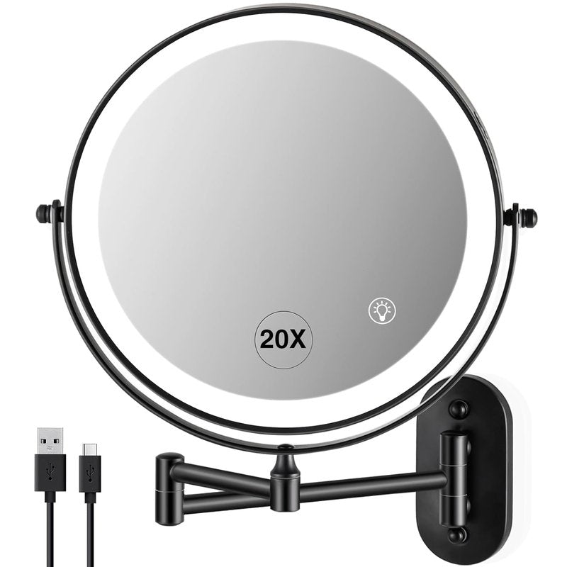 Wall Mounted Makeup Mirror - 1x/20x Magnifying Lighted Vanity Mirror | 8.5" Double-Sided, Black Finish
