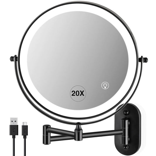 Wall Mounted Makeup Mirror - 1x/20x Magnifying Lighted Vanity Mirror | 8.5" Double-Sided, Black Finish