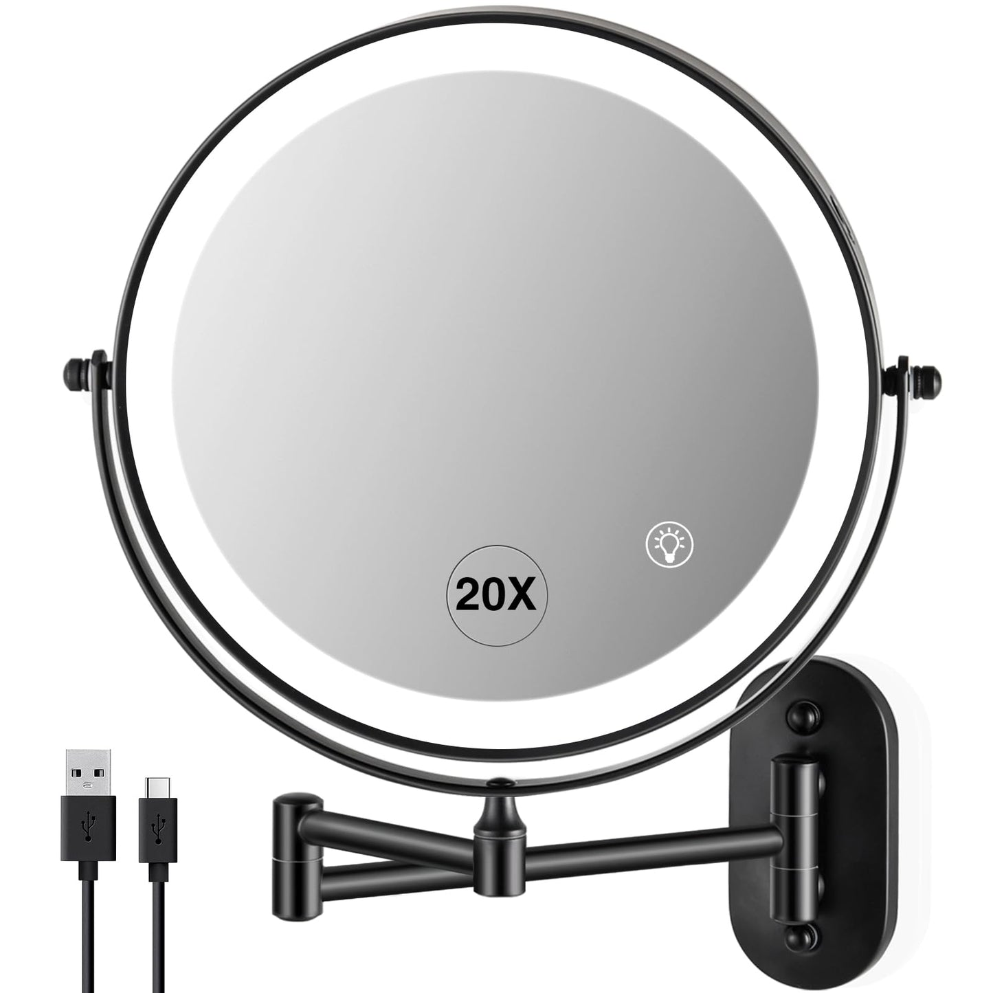 VORREMIRR 20X Magnifying Mirror with Light: 8.5 Inch Lighted Makeup Mirror, Wall Mount, 360 Rotation, Touch Screen, Rechargeable, Brushed Nickel