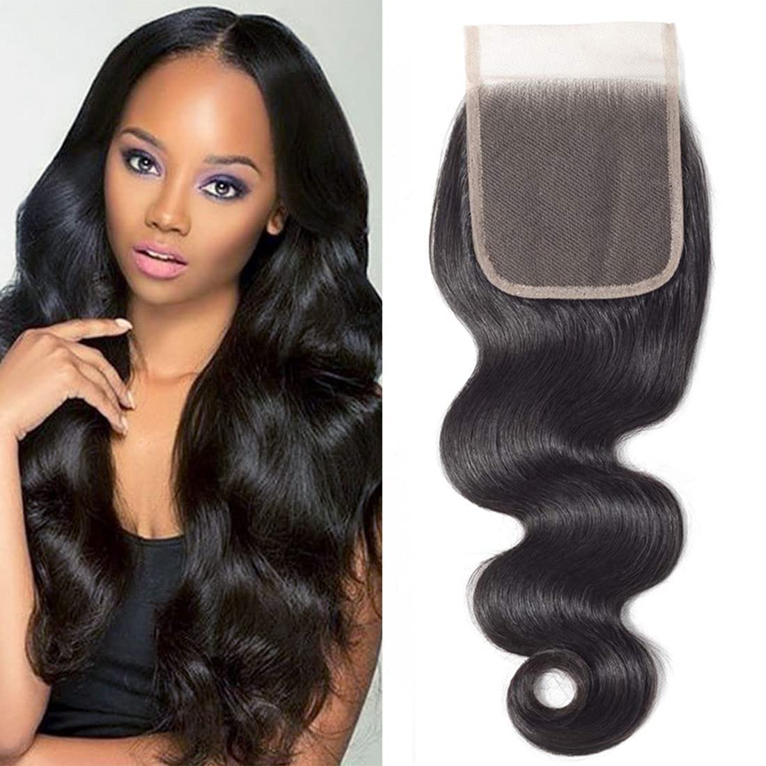 DMS Body Wave Human Hair Lace Closure 4x4 Free Part Swiss Lace Closure 12A Brazilian Virgin Hair Top (14 Inch)
