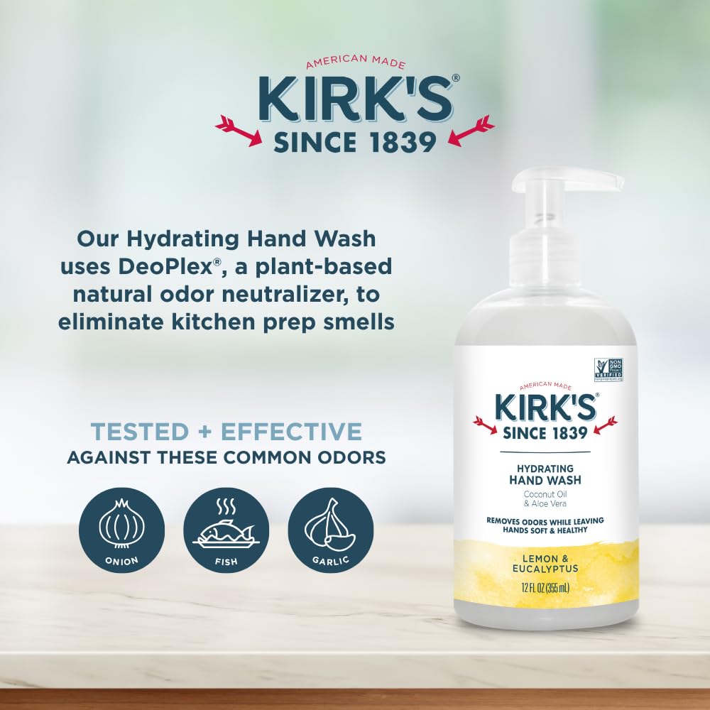 Kirk's Hydrating Hand Wash - Coconut Oil & Aloe Vera Formula | Odor Neutralizing, Vegan, 12 Fl Oz (4 Pack)