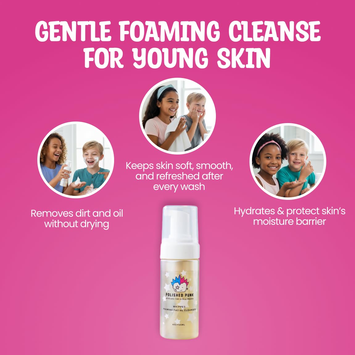 Polished Punk Natural and Organic Foaming Face Wash for Kids and Tweens, Soap and Fragrance Free Tear-Free Cleanser for Sensitive Skin with Botanical Extracts, Aloe, and Glycerin, 4 oz