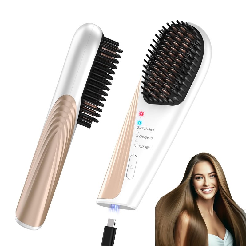 Go Brush Pro Cordless Hair Straightener Brush - Portable Travel-Friendly, 30s Quick Heat, 10000mAh USB-C Rechargeable, 150M Negative Ions (White(10000mAh))