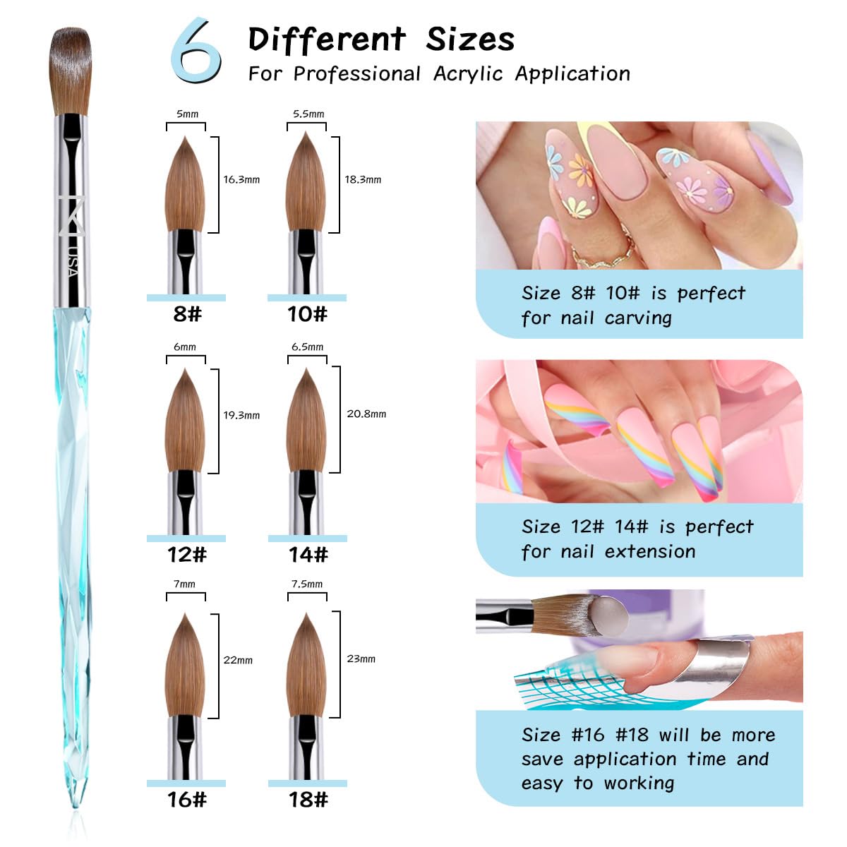 M ProK 100% Kolinsky Acrylic Nail Brush – Professional Nail Brush for Acrylic Application with Crystal Blue Handle – Handcrafted Salon Quality Tool (Size #12)