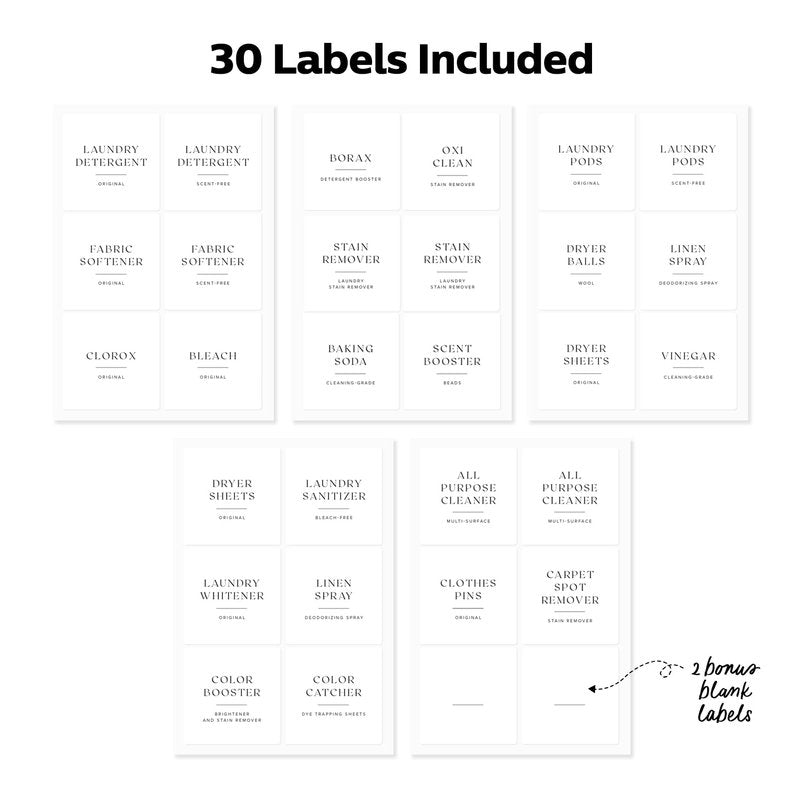ThreeKin Collective Laundry & Home Organization Labels - 30 Waterproof & Reusable Stickers for Bottles, Jars, Containers | Easy Apply, Matte Minimalist Design | Dishwasher Safe, BPA-Free | USA-Owned