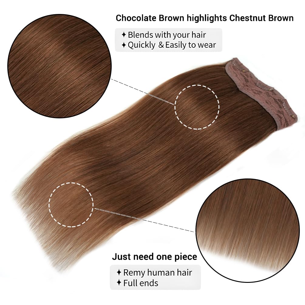 Winsky Hair Extensions Real Human Hair - One Piece Light Brown Remy Hair Extensions Clip on 70gram for Women (14inch, #6)