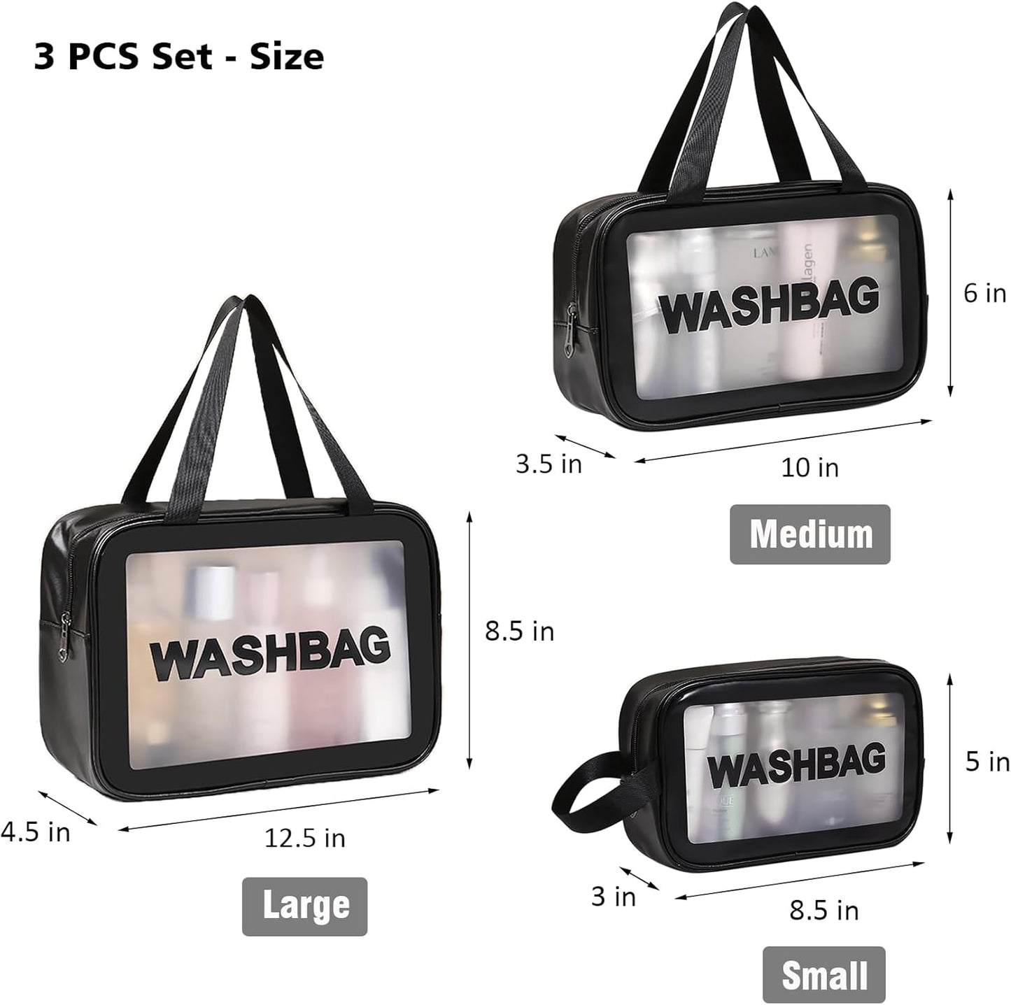 DAPOWER Travel Toiletry Bag Set - Matte Translucent Makeup Organizer for Men & Women | 4 PCS, Black