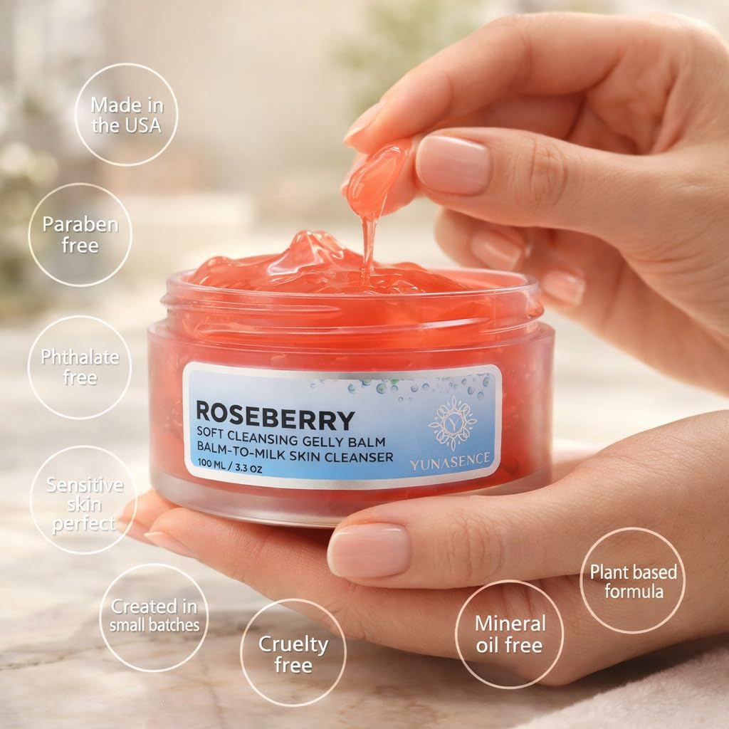 YUNASENCE Roseberry Soft Cleansing Gelly Balm - Phytoaromatic Balm-to-Milk Cleanser for Dry & Sensitive Skin | 3oz
