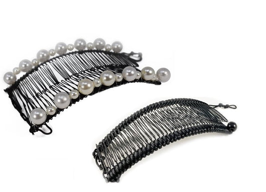 Stretch Banana clips (2-Pack) - Hair Combs for Thick or Natural Hair - Comfortable all-day hold for updo hairstyles (Large, Black Satin Cord wrap and White faux Pearl bead)