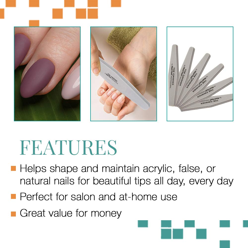 Nail Tek The Finisher Nail File – Double-Sided 240/400 Grit Files for Natural Nails, Acrylic & Gel, Manicure and Pedicure Kit Supplies, 6 Pack