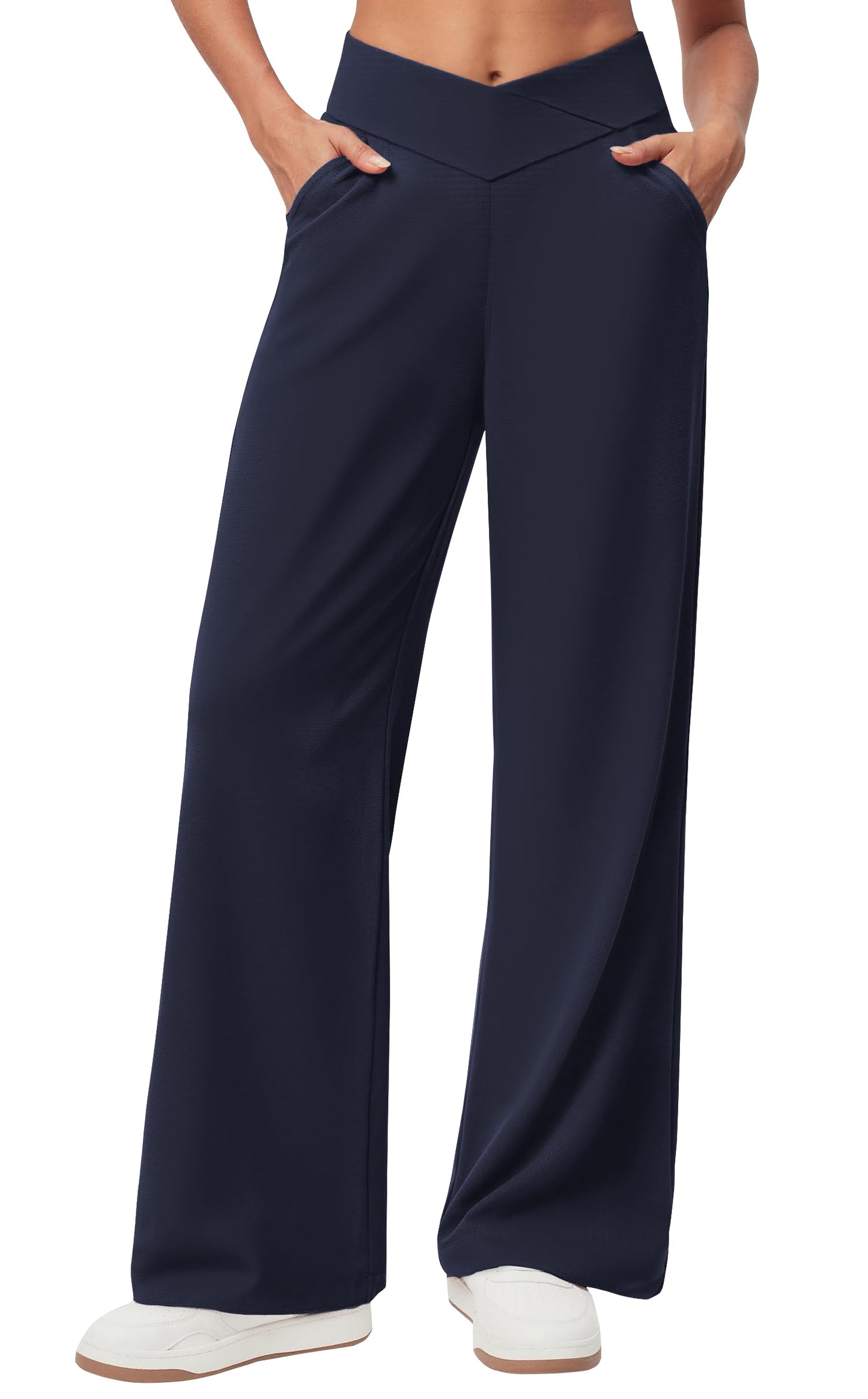 SEMARO Womens Wide Leg Dress Pants Crossover High Waist Stretch Casual Work Slacks Trousers with Zipper Pocket Navy