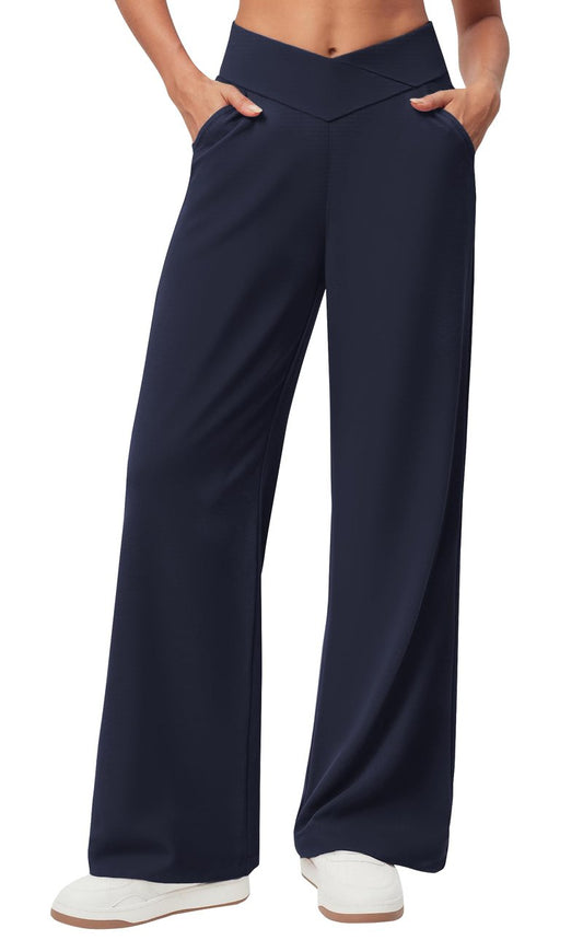 SEMARO Womens Wide Leg Dress Pants Crossover High Waist Stretch Casual Work Slacks Trousers with Zipper Pocket Navy